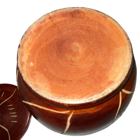 Handcarved Wood Jar Canister Vintage Floral Lid Eclectic Rustic Decor Brown - Picture 5 of 5